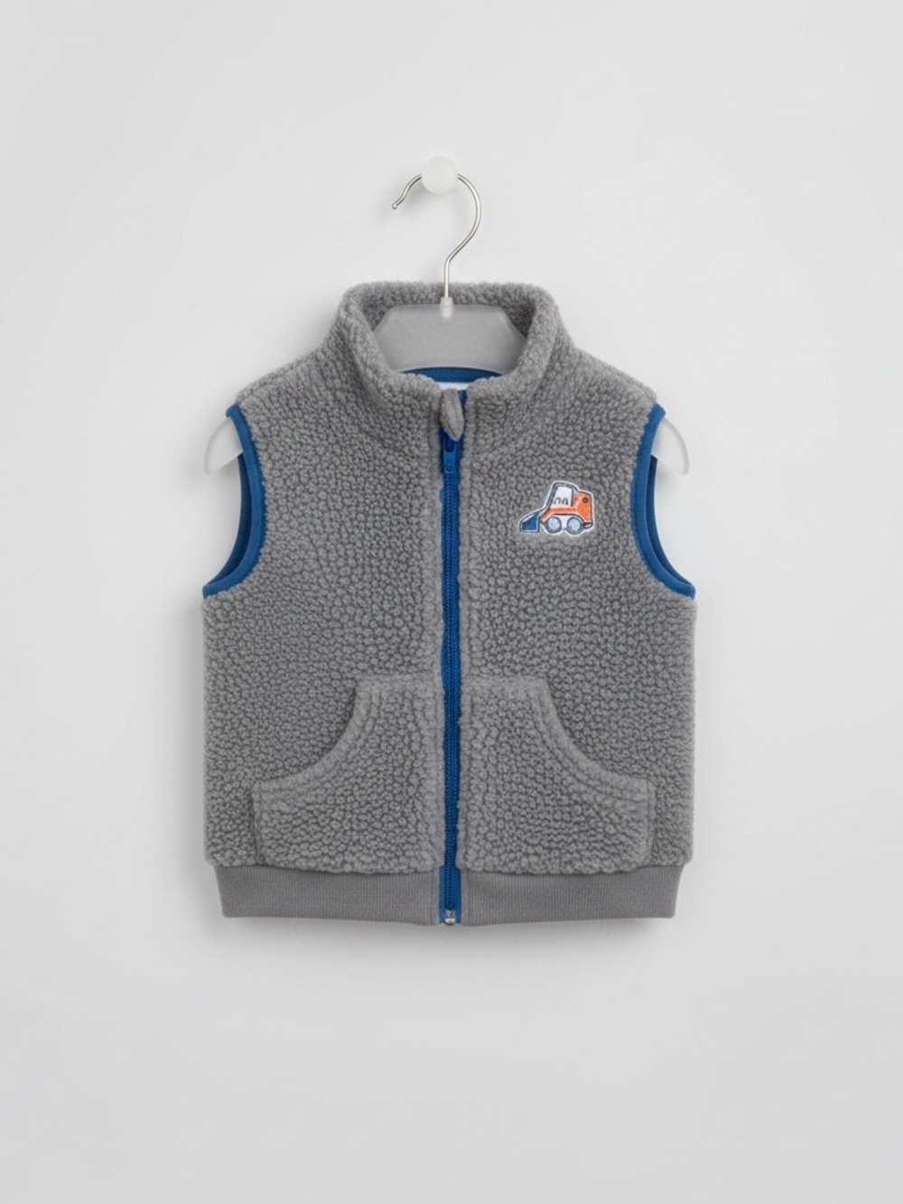 12M Nursery Rhyme Fleece Vest 🚜 Cozy Gray Sherpa Construction Truck Vest
